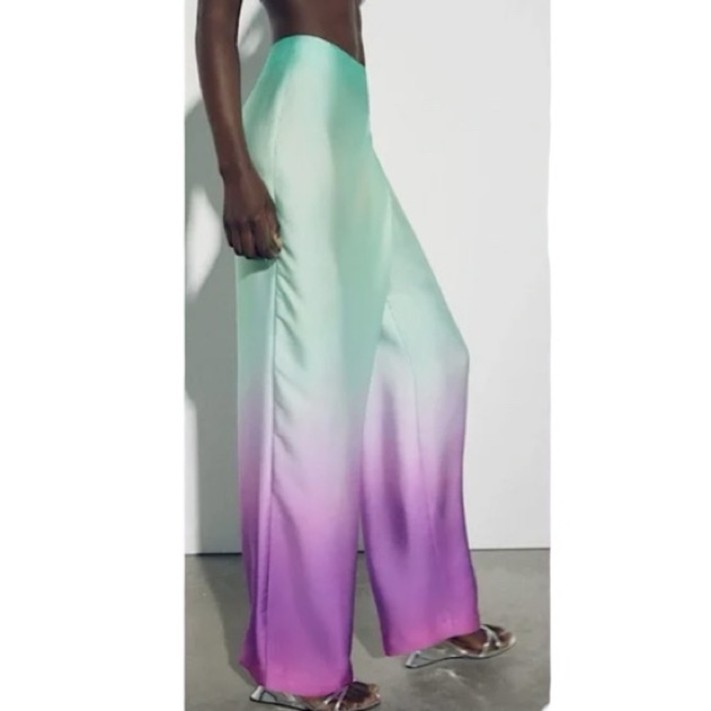 Zara Women's Green Purple Ombre Wide Leg Pareo High Waist Pants Size Large - Picture 2 of 10
